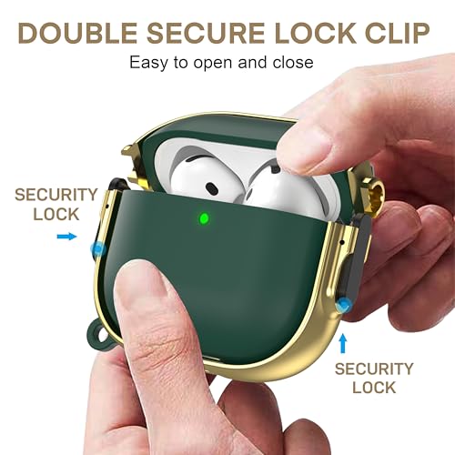 for AirPods 4 Case with Safety Lock, Magsafe Compatible, Green Gold | Double Secure Lock,Drop Protection,Two-Piece Design,with Gold Keychain, Anti Lost, Dustproof, Cute AirPod 4 Case - color: Green + Gold, size: AirPods 4 Case