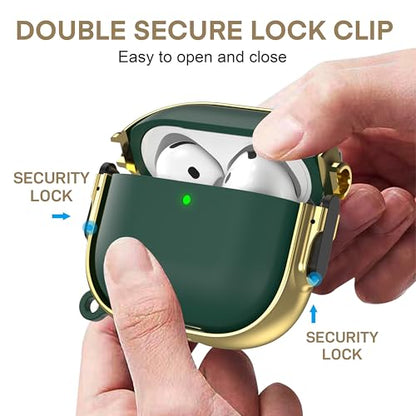 for AirPods 4 Case with Safety Lock, Magsafe Compatible, Green Gold | Double Secure Lock,Drop Protection,Two-Piece Design,with Gold Keychain, Anti Lost, Dustproof, Cute AirPod 4 Case - color: Green + Gold, size: AirPods 4 Case