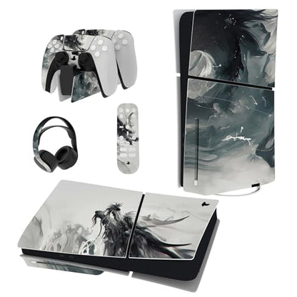PlayVital Full Set Skin Sticker for ps5 Slim Console Disc Edition (The New Smaller Design), Vinyl Skin Decal Cover for ps5 Controller & Headset & Charging Station - Ink Spirit Dragon | Vinyl sticker, protective film for PS5 controller, charging station, h
