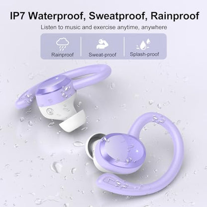 Wireless Earbuds, Bluetooth Earbuds, Bluetooth 5.4 Headphones 68hrs Playtime Sport Earphones with LED Display ENC Noise Cancelling Mic, IPX7 Waterproof Over Ear Ear Buds with Hook for Gym/Workout - color: Dreamy Purple