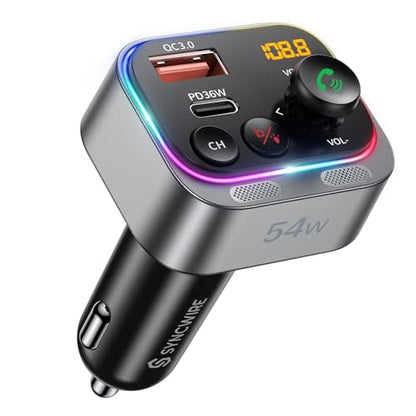 Syncwire Bluetooth 5.4 FM Transmitter Car Adapter 54W (PD 36W & 18W) [Stronger Dual Mics] [Light Switch] [HiFi Bass Sound] [Fast Charging] Wireless Radio Receiver Hands-Free Calling LED Display | [Stronger Dual Mics] [HiFi Bass Sound] [Fast Charging] Wire