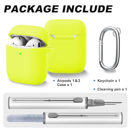 for AirPods Case Cover, Come with Cleaner Kit, Soft Silicone Protective Cover with Buckle, Compatible with AirPods 2nd 1st Generation Charging Case, Front LED Visible, Bright Yellow - color: C8-Bright Yellow