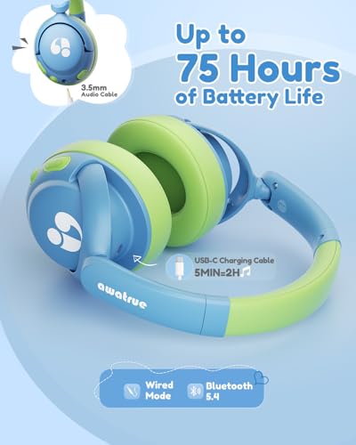 awatrue Kids Bluetooth Headphones, 85dB Volume Limiter, Blue Green HK02 | Foldable Wireless, Bluetooth 5.4, 75H Playtime, Built-in Mic, for iPad & Travel - color: Blue-Green