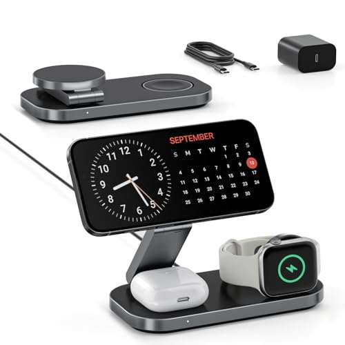 3-in-1 Charging Station for Apple Device, Foldable Magnetic Wireless Fast Charger Stand Compatible with MagSafe for iPhone 17e/17/16/15/14/13/12/Air Series, Apple Watch & AirPods-Black - color: Black