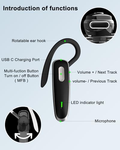 Bluetooth Headset V5.1, Wireless Hands-Free Earpiece with Noise Cancellation, Built-in Microphone for iPhone Android Business Calls - Black - color: Black, style: Single Bluetooth headset