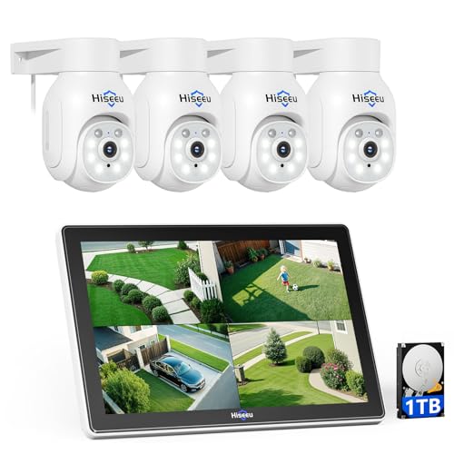 Hiseeu Wireless Security Camera System, 5MP Outdoor Cameras with 10" LCD Monitor 4-Cam Kit, 1TB HDD, Plug & Play NVR, Auto Tracking, 2.4G/5GHz WiFi, 2-Way Audio, Color Night Vision, No Monthly Fees