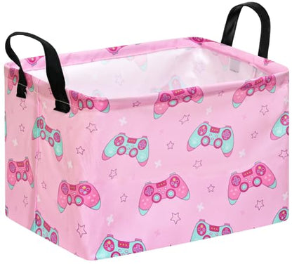 MAIZMZ Girls Storage Basket,Pink Controller Print Kids Hamper,Waterproof Lining, Leather Handles, Collapsible for Gamer Girls, Toys, Clothes, Gift Basket - color: Pink Handle