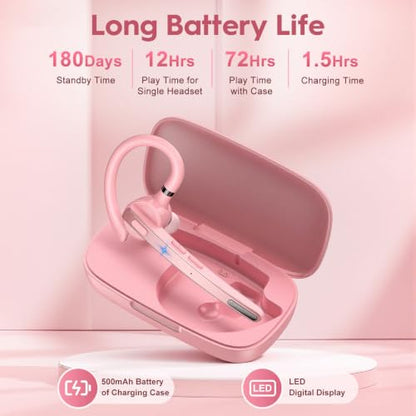 Bluetooth Headset 72H Work Single-Ear Wireless Earpiece for Cell Phone Call | 2 Charging Ways & 500mAh Charging Case,Dual Mic ENC Noise Cancel, Mute Button,V5.1 Hands-Free for Phone and Laptop - color: Pink+gray