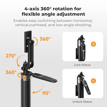 K&F CONCEPT 69" Auto Open Selfie Stick with 4 Legs & Stabilizing Handle | Phone Tripod, 360° Rotation Cell Phone Tripod Stand with Remote Control, Compatible with iPhone Osmo Pocket 4/3, A702