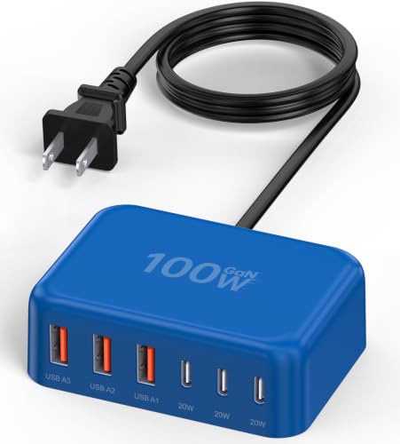 100W 6 in 1 USB Charger, 50% Smaller Charging Station for Multiple Devices | Fast Charging Blocks with Type C Port, USB Charging Hub Organizer Multiport Power Strip for iPhone,Samsung,Ipad,Kindle,Travel - color: C-Blue