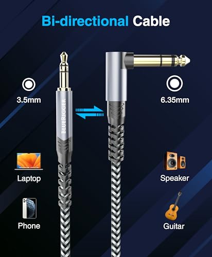 BlueRigger 6.35mm to 3.5mm Audio Cable (15FT, 90 Degree Bi-Directional, 6.35mm 1/4" to 3.5mm 1/8" Male to Male TRS, Right Angled Braided Stereo Audio Cable for Cellphone, Amplifiers, Guitar, Speaker - size: 15FT, style: 90D - 6.35MM to 3.5MM