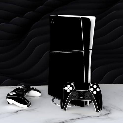 PlayVital Full Set Skin Sticker for ps5 Slim Console Disc Edition (The New Smaller Design), Vinyl Skin Decal Cover for ps5 Controller & Headset & Charging Station & Media Remote - Black - color: Black