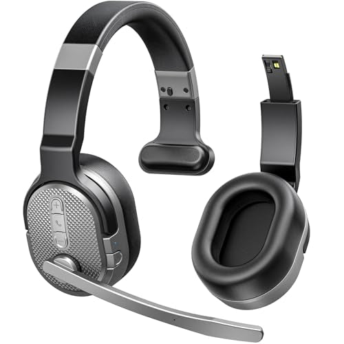 COSMUSIS Trucker Bluetooth Headset, Wireless Headset with Mic for Work | Trucker Headset with Noise Cancelling Headphones, Long Battery Life Bluetooth Headphones with Detachable Earpad for Driving - color: Silver Gray