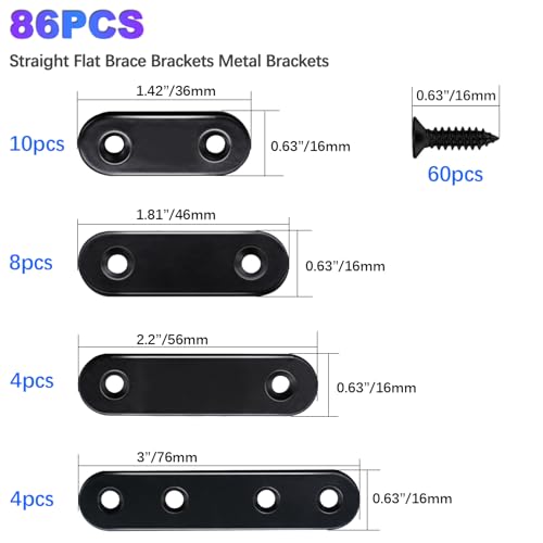 mxuteuk 86pcs Black Straight Flat Bracket,Stainless Steel Black Flat Brackets for Wood,Metal Mending Plate with Screws 36mm/46mm/56mm/76mm - color: Black-36/46/56/76mm