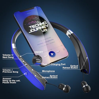 AMORNO Foldable Bluetooth Headphones Wireless Neckband Headset with Retractable Earbuds, Sports Sweatproof Noise Cancelling Stereo Earphones with Mic (Blue) - color: Blue