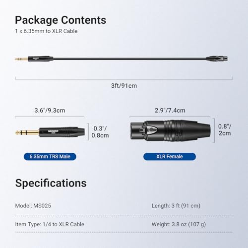 NEEWER 6.35mm 1/4 Inch TRS to XLR Female Cable, 3 ft Microphone Guitar Bass Cord Adapter Connector for Shotgun Condenser Mic Audio Amplifier Mixer Powered Speaker PA System, MS025 - size: 6.35mm（91cm）, style: XLR Female