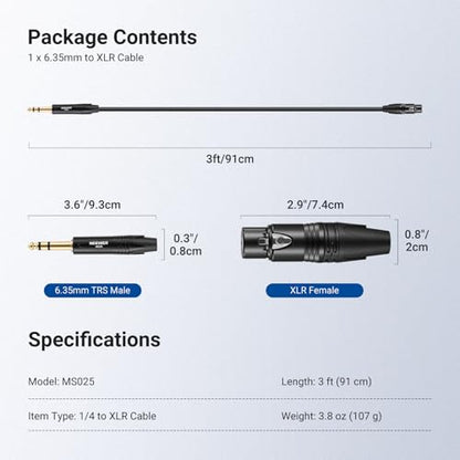 NEEWER 6.35mm 1/4 Inch TRS to XLR Female Cable, 3 ft Microphone Guitar Bass Cord Adapter Connector for Shotgun Condenser Mic Audio Amplifier Mixer Powered Speaker PA System, MS025 - size: 6.35mm（91cm）, style: XLR Female