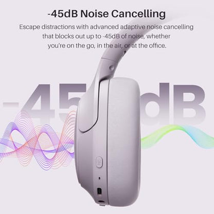 TOZO HT3 Hybrid Noise Cancelling Wireless Headphones, 90H Over Ear Headset | Hi Res Audio, AI Voice Assistant, Dual Device Connection, 32 Custom EQs, Built In 5 Mics, ANC, Foldable, Bluetooth 6.0 - color: Light Purple