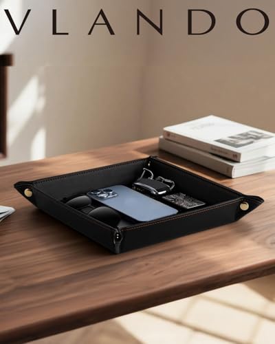 VLANDO Valet Tray, Foldable PU Leather Catchall Tray, Black - color: Black, size: Square