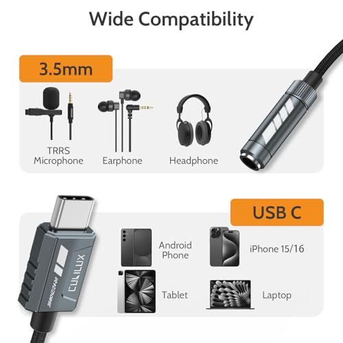 Cubilux USB C Headphone Adapter with 384kHz/24-bit DAC, Type C to 3.5mm Audio Jack Dongle, TRRS Microphone Connector for iPhone 17/16/15, iPad Pro 13/12.9/11 iPad Air 13/11, Galaxy S25/S24, Pixel 10/9