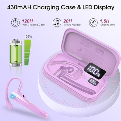 Bluetooth Headset V5.3, Wireless Headset with ENC Noise Canceling Mic | 120Hrs Talk Single-Ear Bluetooth Earpiece, LED Display, IP7 Waterproof Hand-Free Earphone for Business/Trucker, Purple - color: Purple