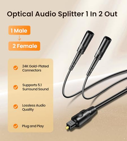 avedio links Optical Audio Cable Splitter 1 in 2 Out, Toslink Digital Fiber Audio Splitter 1 Male Input 2 Female Output Support LPCM2.0 Doldy DTS Digital & DTS 5.1CH for Xbox,PS4,TV Box,Sound Bar,etc - size: 1 Male 2 Female
