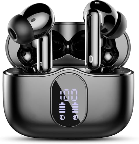 Wireless Earbuds, Bluetooth 5.4 Headphones Bass Stereo, Ear Buds with Noise Cancelling Mic LED Display, IP7 Waterproof in Ear Earphones, 36H Playtime for Laptop Pad Phones Sports Workout, Black | Ear Buds with Noise Cancelling Mic LED Display, 36H, IP7 Wa