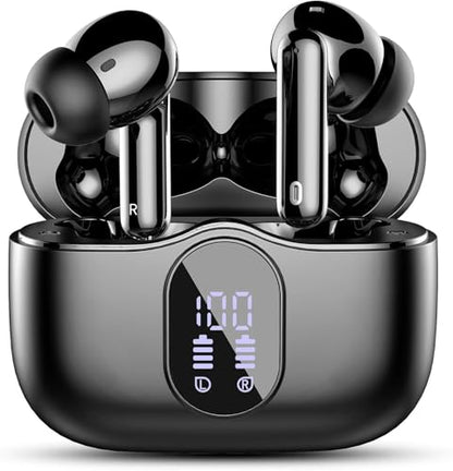 Wireless Earbuds, Bluetooth 5.4 Headphones Bass Stereo, Ear Buds with Noise Cancelling Mic LED Display, IP7 Waterproof in Ear Earphones, 36H Playtime for Laptop Pad Phones Sports Workout, Black | Ear Buds with Noise Cancelling Mic LED Display, 36H, IP7 Wa