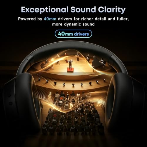 Hybrid Active Noise Cancelling Bluetooth Headphones Wireless Headphones | Over Ear, 120H Playtime, Hi-Res Audio, Deep Bass, Memory Foam Ear Cups for Home Office Travel Foggy Black