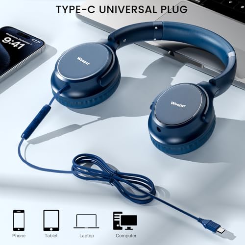 USB C Wired Over-Ear Headphones with Microphone | Volume Control, Share Port, Adjustable Headband Foldable Stereo Headset for Adult/Teens for iPhone 16, Laptop, Gaming, Travel - color: Blue