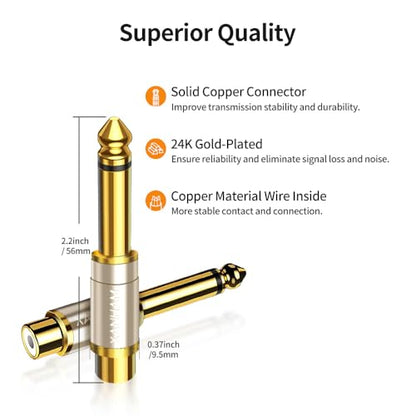 RCA Female to 1/4 Inch 6.35mm TS Male Mono Plug Adapter Solid Copper Gold-Plated Connector 2 Pack
