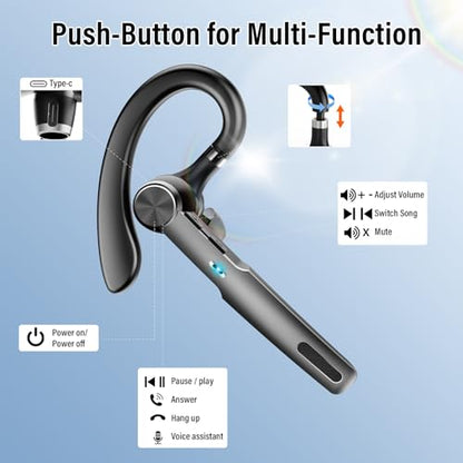 Bluetooth Headset, 2026 Wireless Bluetooth 5.3 Earpiece, 60Hrs Single-Ear Headset with Mute Button, Dual Noise Cancelling Mics, IP7 Waterproof Hands Free Headphone for Trucker, Business, Gray Black