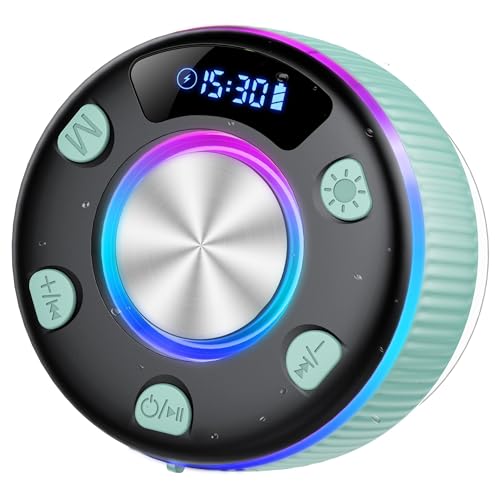 Bluetooth Shower Speaker, IP7 Waterproof Portable Bluetooth 5.3 Speakers with Suction Cup, Mini Wireless Speaker with RGB Lights Time Display, Loud Stereo Sound for Bathroom Beach Outdoor Party, Mint - color: Mint