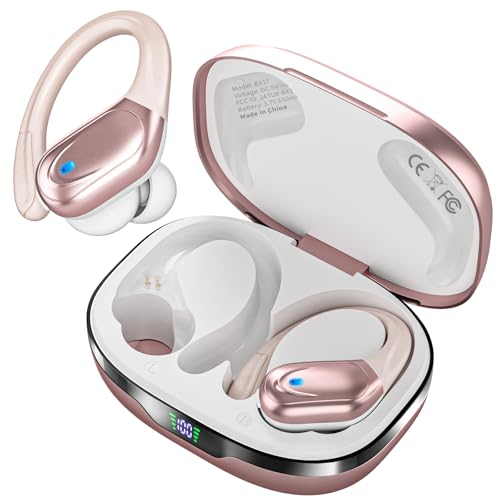 HAOYUYAN Sports Bluetooth Headphones, 80Hrs Playtime Wireless Earbuds with LED Power Display, IPX7 Waterproof Earphones for Workout/Running, Noise Canceling Headset Ear Buds - color: Rose Gold