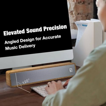 MICA Computer Speakers, Vintage Wired Computer Sound Bar, Retro Wooden Mini Soundbar, USB Powered PC Speakers for Desktop Monitor, Laptop, Tablet, 3.5mm Aux Connection, Angled (Yellow)