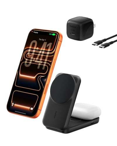 Belkin Qi2.2 25W Wireless 2 in 1 Foldable Fast Charging Station for iPhone | Fast Charging, MagSafe Compatible, iPhone 17/16/15, AirPods, Travel Charger, Magnetic - color: Black