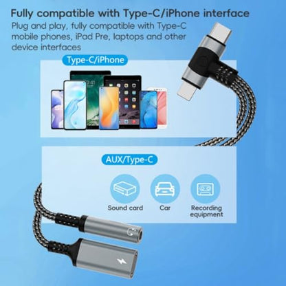 2 in 2 Light-ning and USB C to 3.5mm Headphone and Fast Charger Adapter, Type-C to 3.5mm Jack Aux Adapter Converter Dongle Audio Cable for i-pad i-Phone 16 15 14-11,X, Sam-sung, Pixel, Support Calling