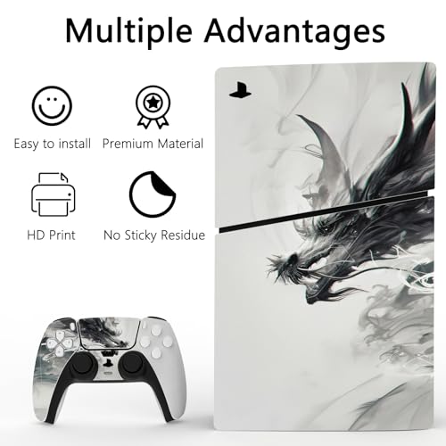 PlayVital Full Set Skin Sticker for ps5 Slim Console Disc Edition (The New Smaller Design), Vinyl Skin Decal Cover for ps5 Controller & Headset & Charging Station - Ink Spirit Dragon | Vinyl sticker, protective film for PS5 controller, charging station, h