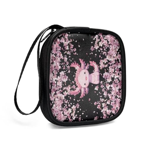 Axolotl Cherry Blossom Headphone Case Square Earbud Organizer Portable Bluetooth Headset Case with Handle for Girls Boys Men Women - color: Axolotl Cherry Blossom