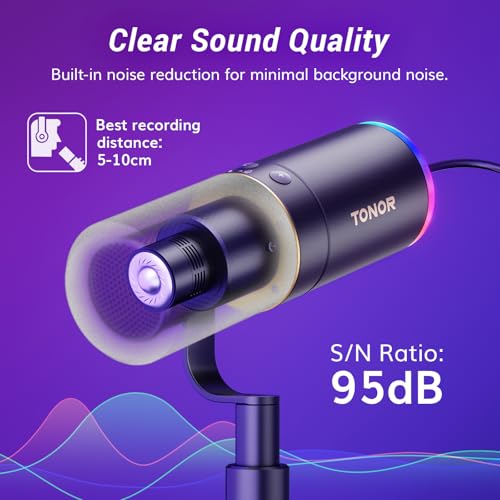 TONOR Dynamic Podcast Microphone, XLR/USB Mic for Recording, Streaming, XLR Cardioid Studio Mic with Quick Mute, Volume Control, 200 cm/78inch Cable, with RGB and Low Profile Boom Arm, Black, TD520S+