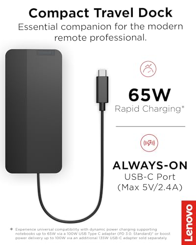 Lenovo USB-C Dual Display Travel Dock w/ 100W Power Adapter - 7 Ports, Integrated USB-C Cable, Universal Compatibility, Dual Displays at 4K - Black - style: USB 도크 + 어댑터