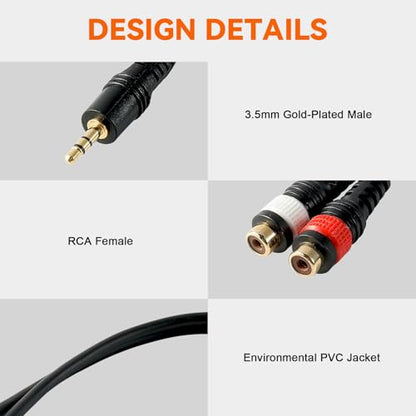 3.5mm Male to 2RCA Female Adapter Cable, Stereo Audio Y Splitter Cable, 1/8 Male Plug to Dual RCA Female Jack Cord for MP3,Computer,Speaker,HiFi Stereo System(25cm/10inch)