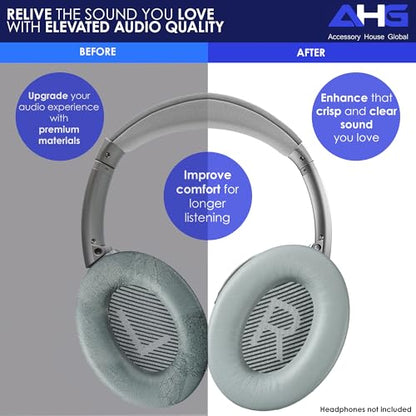 AHG Accessory House Global qc Replacement Ear Pads Cushions Compatible with Bose QuietComfort 35 II / QC35, QCSE, QCSC and QC45 Wireless Headphones (Gray) - Premium Material | Extra Thick | Durable - color: Gray