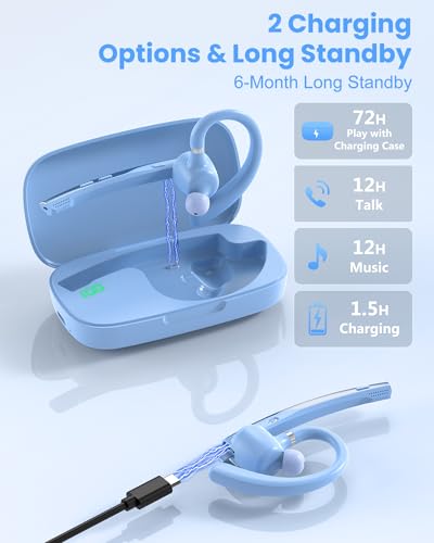 Bluetooth Headset,72H Work Single-Ear Wireless Earpiece for Cell Phone Call | 2 Charging Ways & 500mAh Charging Case,Dual Mic ENC Noise Cancel, Mute Button,V5.1 Hands-Free for Phone and Laptop - color: Light blue, style: M54