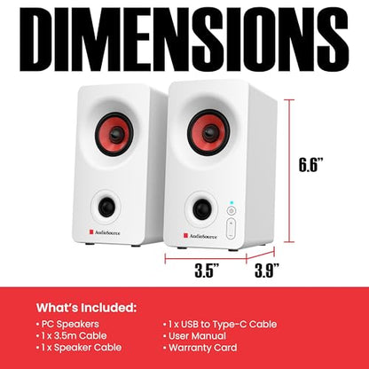 Audiosource Desktop PC Speakers with Bluetooth 5.3, USB-C Plug & Play, 2.0 Stereo Computer Speakers with Dual 2" Drivers, Compact Design, AUX Input, LED Indicator (White) - color: White