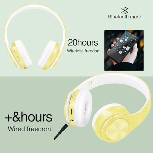 RAT TAIL V5.3 Bluetooth Headphones Over-Ear, Foldable Wireless and Wired Stereo Headset Micro SD/TF, FM for Cell Phone,PC,Soft Earmuffs &Light Weight for Prolonged Wearing (Yellow) - color: Yellow