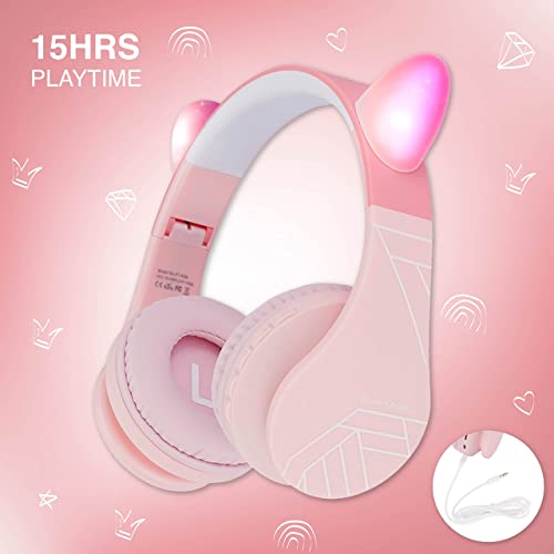 PowerLocus Bluetooth Headphones for Kids, Wireless Foldable Headphones Over Ear, Headphone with Microphone, 85DB Volume Limit, Wireless and Wired Headset with Micro SD, FM for Cellphones, Tablets, PC - color: Pink Cat Ears
