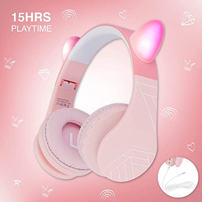 PowerLocus Bluetooth Headphones for Kids, Wireless Foldable Headphones Over Ear, Headphone with Microphone, 85DB Volume Limit, Wireless and Wired Headset with Micro SD, FM for Cellphones, Tablets, PC - color: Pink Cat Ears