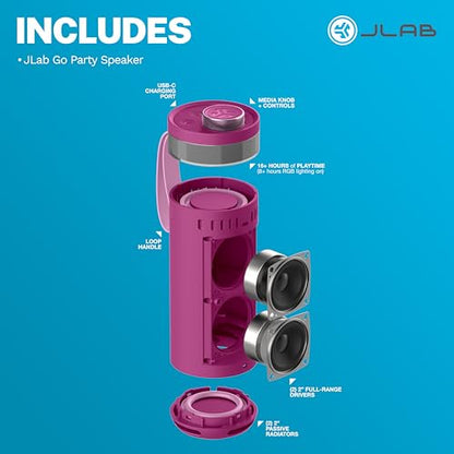 JLab, Go Party, Portable Bluetooth Speaker, Waterproof, RGB Lighting, LabSync, Mulberry - color: Mulberry