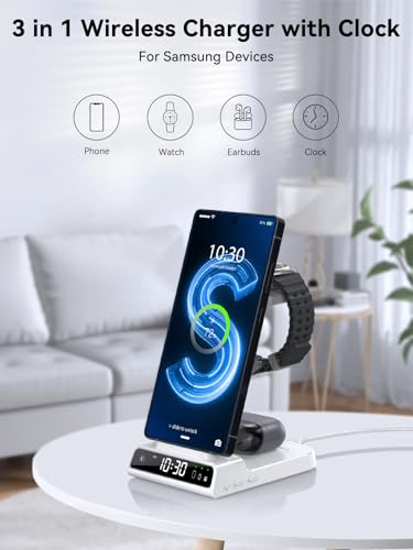 Wireless Charger for Samsung S25 with Clock 3 in 1 Android Charging Station | Charging Station for Galaxy S25 Ultra,Z Flip 7,Fold,Galaxy Bud,Watch Charger for Galaxy Watch 8,7,6,5Pro, Nightstand Charger - color: White
